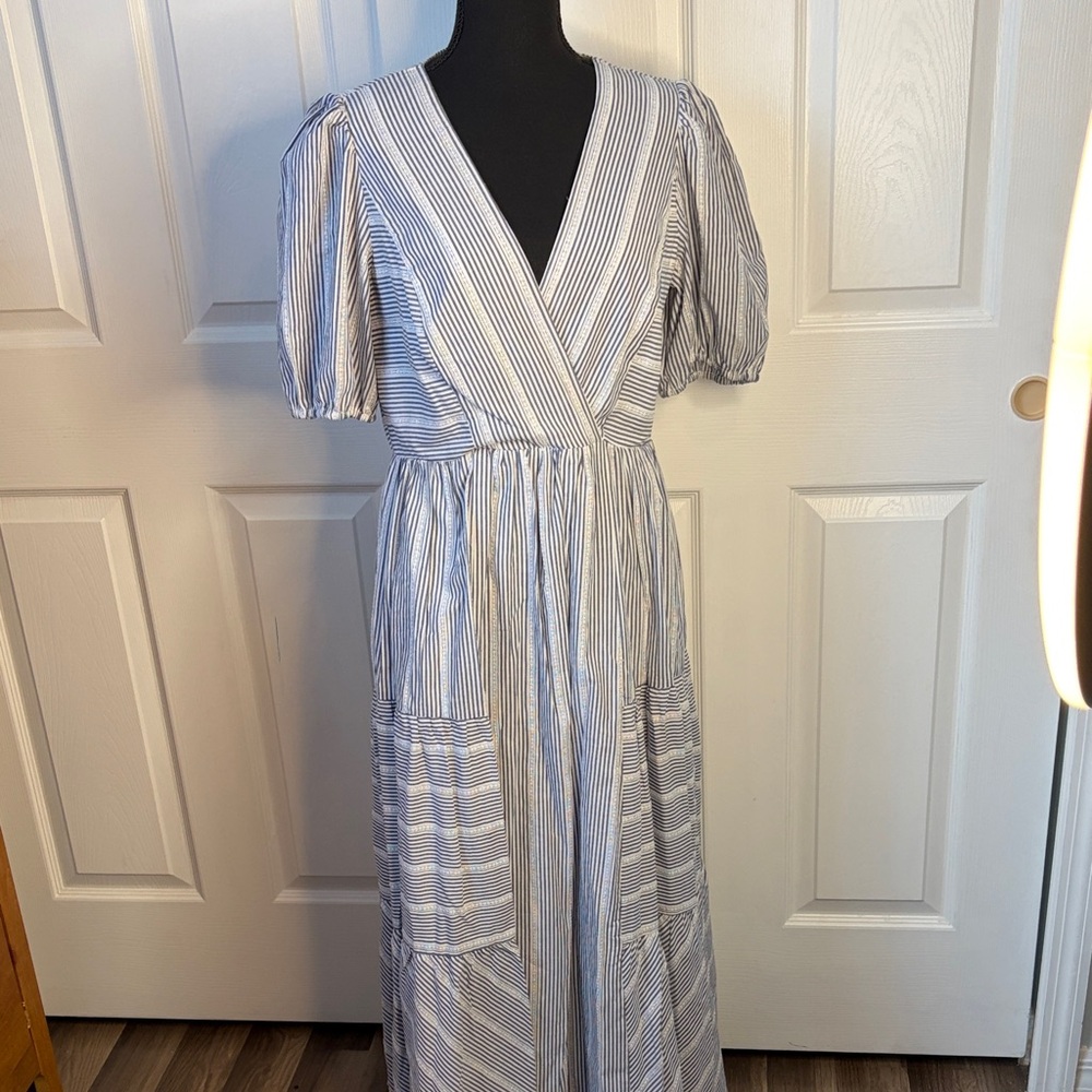 Just...Taylor Cotton Striped V-neck Blue and White Maxi Dress size 12
